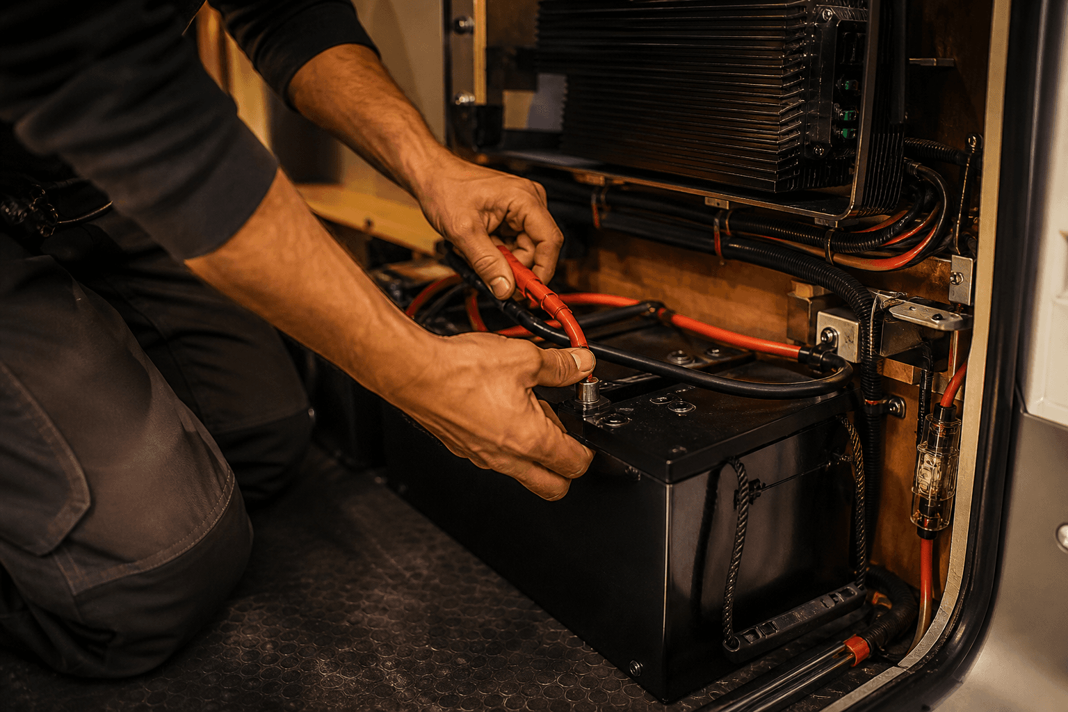 Technicien ONE BATT en train de câbler une batterie lithium dans un camping-car
