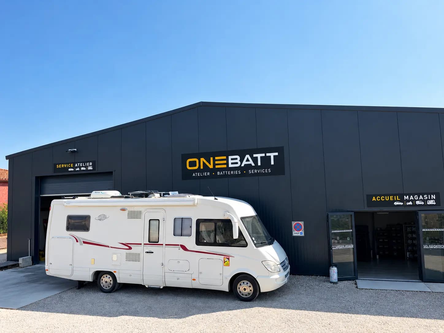 Camping-car devant la façade de l'atelier ONE BATT