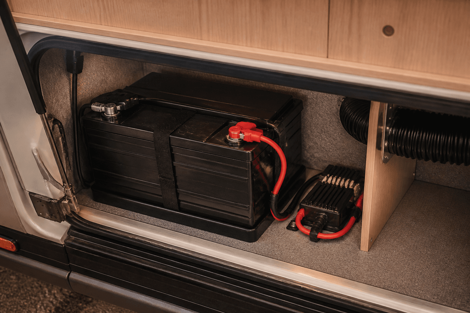 Batterie cellule installée sous un lit de camping-car, avec son coupleur de charge